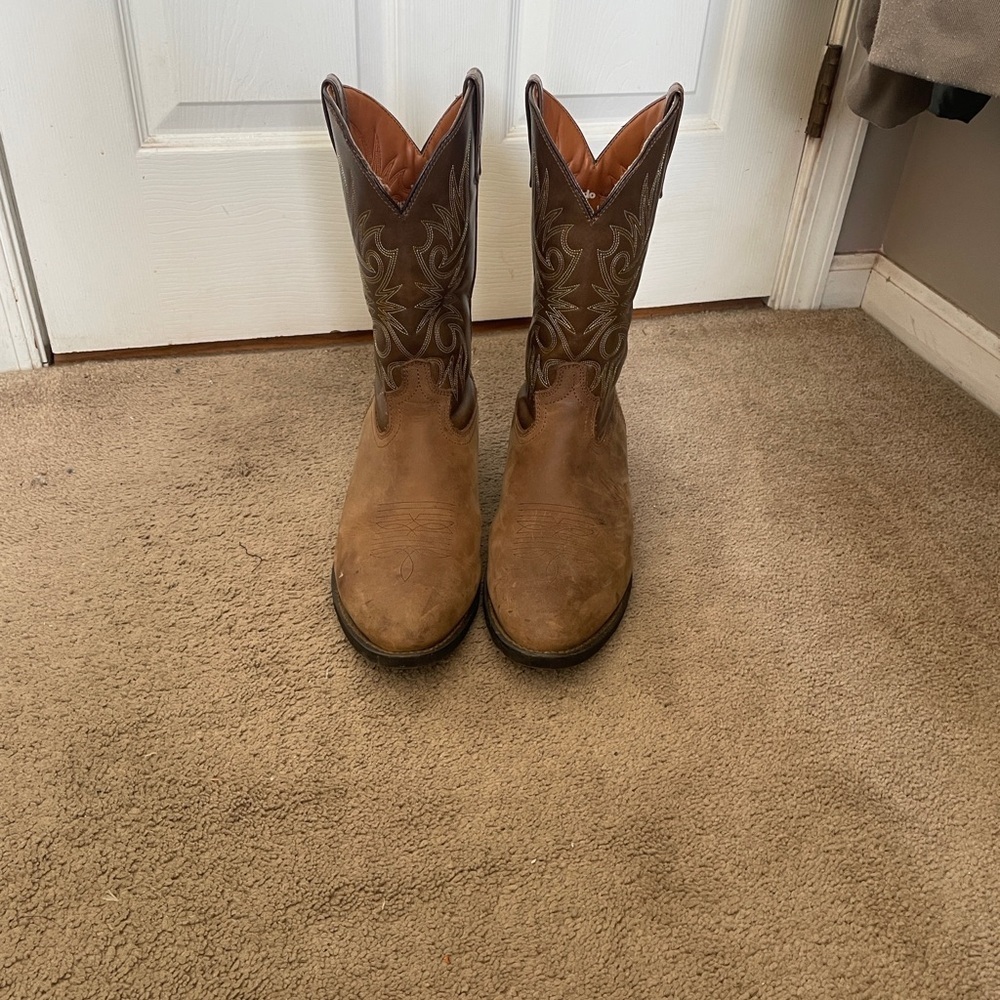 Laredo Two-Tone Brown Leather Cowboy Boots with Embroidered Shaft